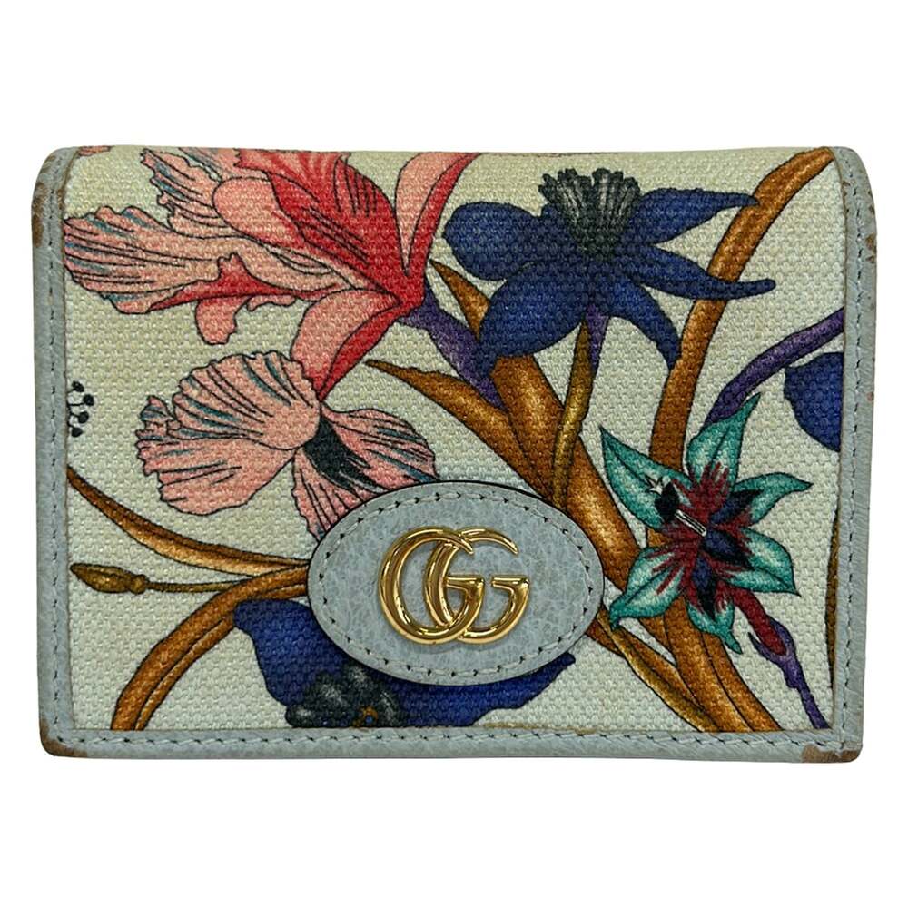Gucci GG Marmont, Flora Bifold Wallet 577347 Light Blue Pink Multi Canvas
